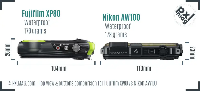 Fujifilm XP80 vs Nikon AW100 top view buttons comparison