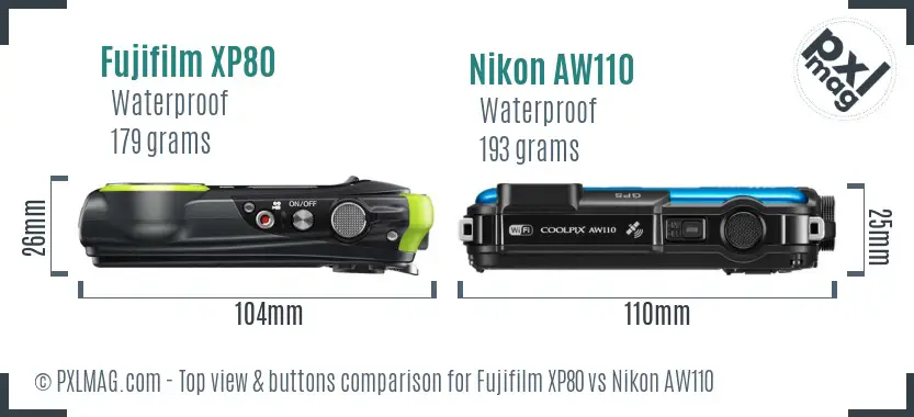 Fujifilm XP80 vs Nikon AW110 top view buttons comparison Fujifilm XP80 vs Nikon AW110 top view buttons comparison