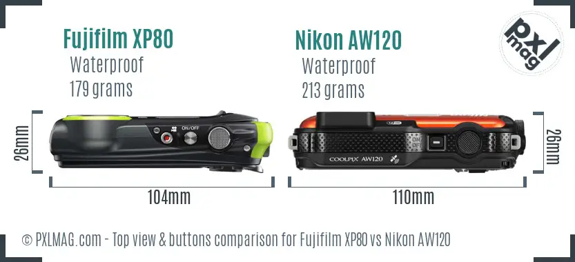 Fujifilm XP80 vs Nikon AW120 top view buttons comparison