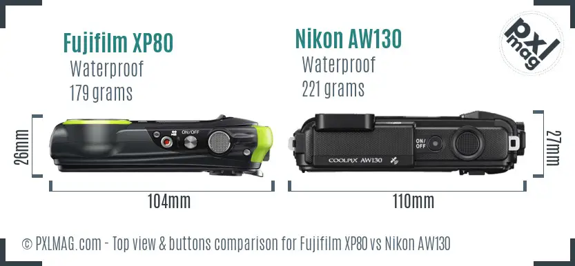 Fujifilm XP80 vs Nikon AW130 top view buttons comparison
