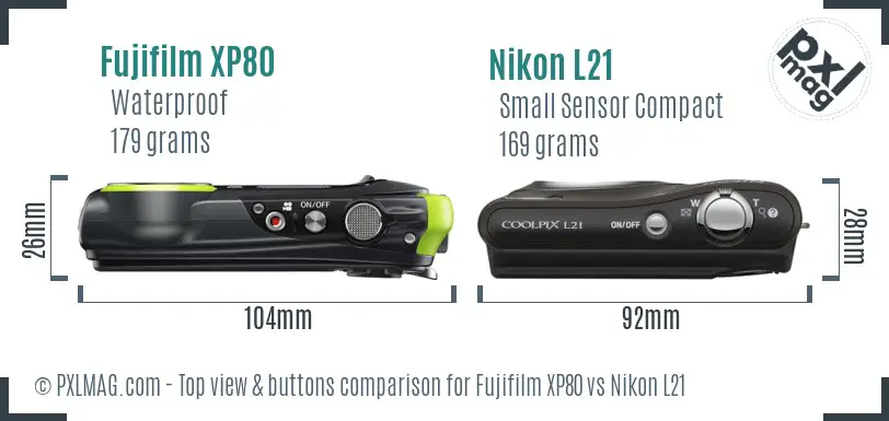 Fujifilm XP80 vs Nikon L21 top view buttons comparison Fujifilm XP80 vs Nikon L21 top view buttons comparison