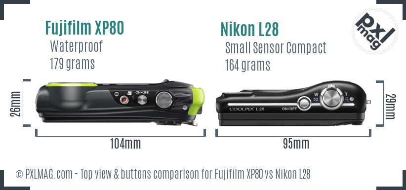 Fujifilm XP80 vs Nikon L28 top view buttons comparison