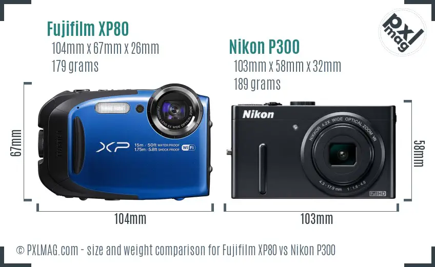 Fujifilm XP80 vs Nikon P300 size comparison