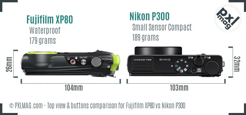 Fujifilm XP80 vs Nikon P300 top view buttons comparison