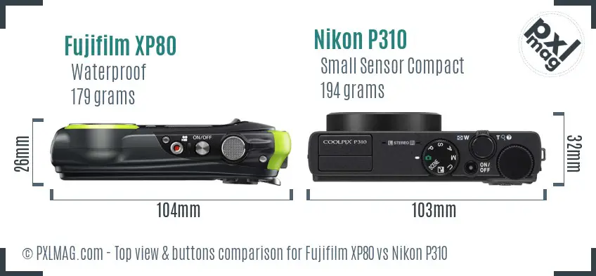 Fujifilm XP80 vs Nikon P310 top view buttons comparison