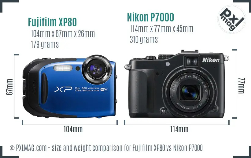 Fujifilm XP80 vs Nikon P7000 size comparison