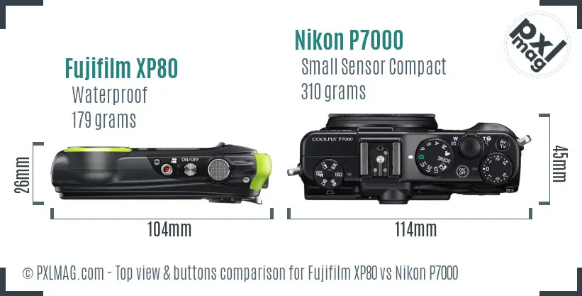 Fujifilm XP80 vs Nikon P7000 top view buttons comparison
