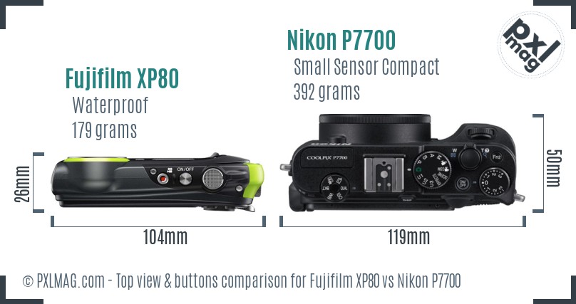 Fujifilm XP80 vs Nikon P7700 top view buttons comparison