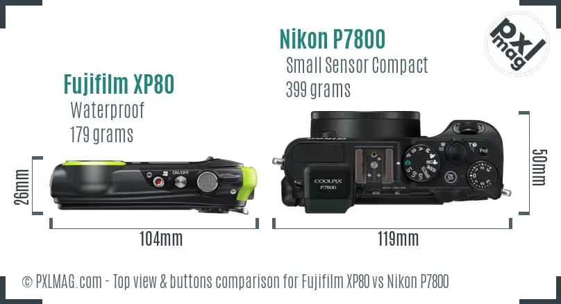 Fujifilm XP80 vs Nikon P7800 top view buttons comparison