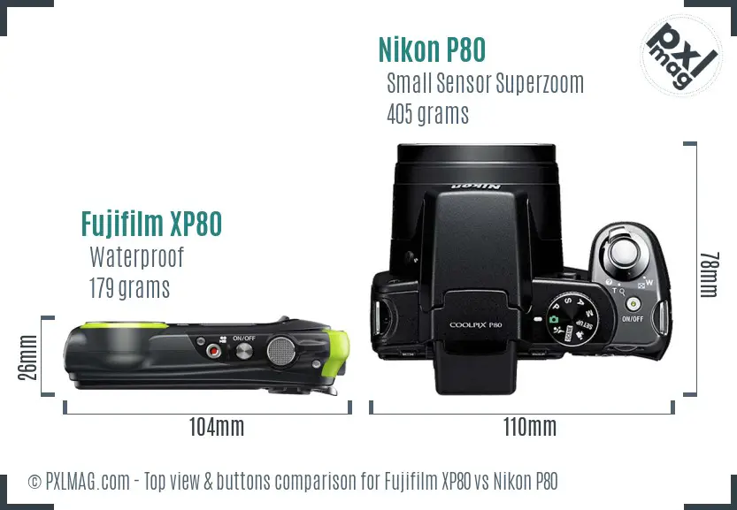 Fujifilm XP80 vs Nikon P80 top view buttons comparison
