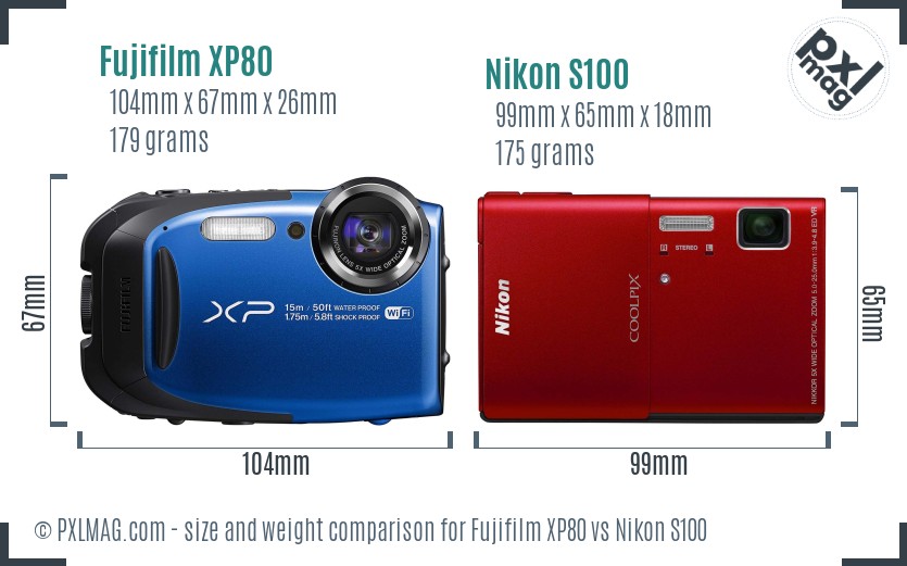 Fujifilm XP80 vs Nikon S100 size comparison Fujifilm XP80 vs Nikon S100 size comparison