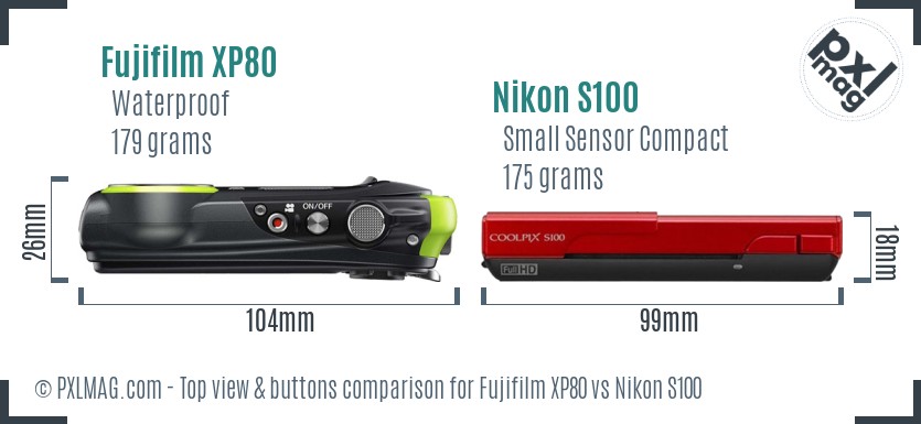 Fujifilm XP80 vs Nikon S100 top view buttons comparison
