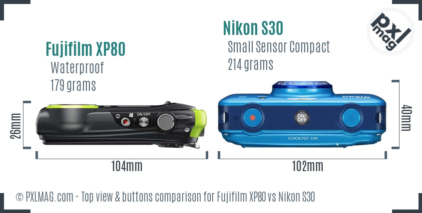 Fujifilm XP80 vs Nikon S30 top view buttons comparison