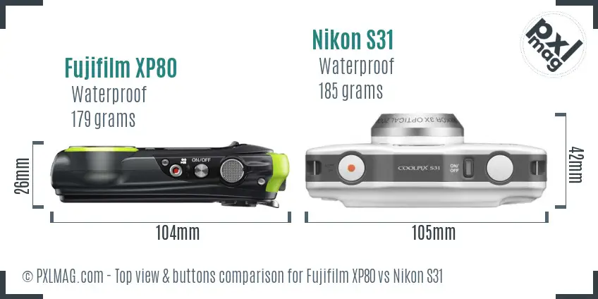 Fujifilm XP80 vs Nikon S31 top view buttons comparison Fujifilm XP80 vs Nikon S31 top view buttons comparison