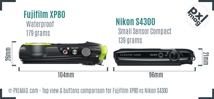 Fujifilm XP80 vs Nikon S4300 top view buttons comparison