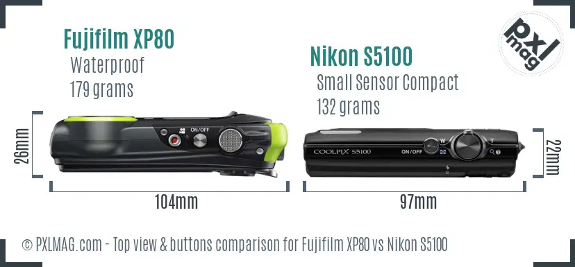 Fujifilm XP80 vs Nikon S5100 top view buttons comparison