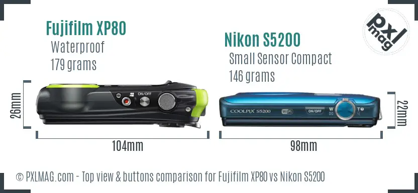 Fujifilm XP80 vs Nikon S5200 top view buttons comparison