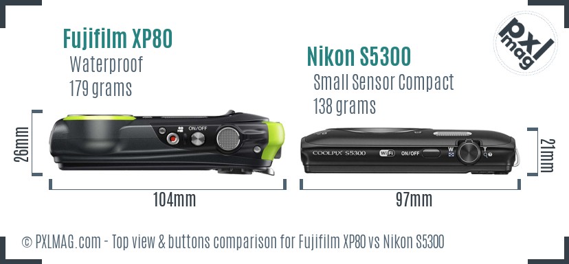 Fujifilm XP80 vs Nikon S5300 top view buttons comparison