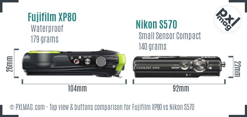 Fujifilm XP80 vs Nikon S570 top view buttons comparison