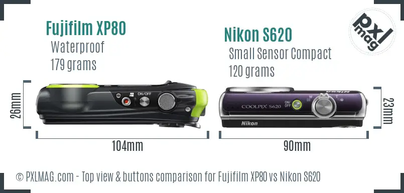 Fujifilm XP80 vs Nikon S620 top view buttons comparison