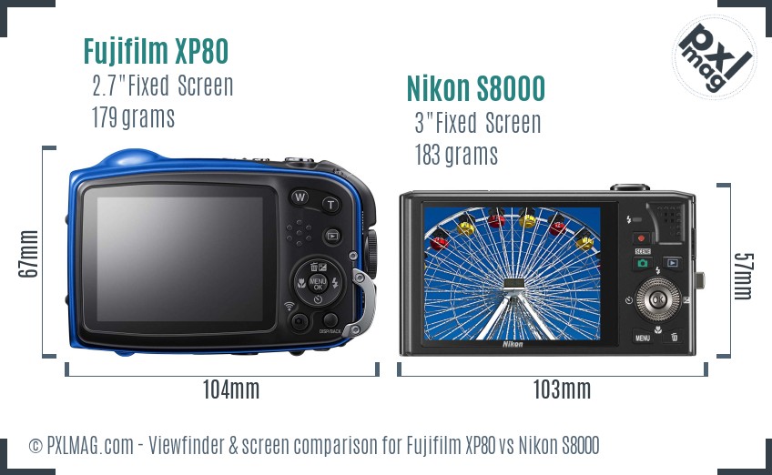 Fujifilm XP80 vs Nikon S8000 Screen and Viewfinder comparison