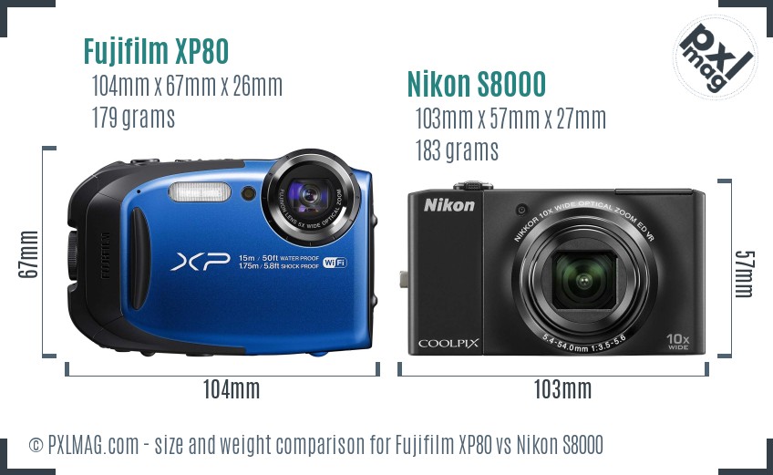 Fujifilm XP80 vs Nikon S8000 size comparison