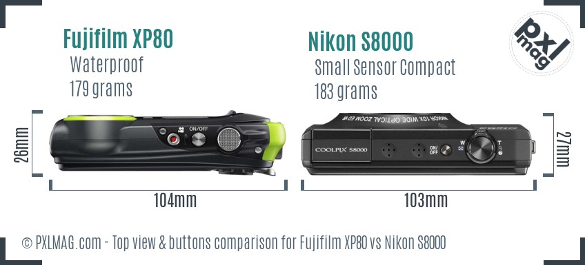 Fujifilm XP80 vs Nikon S8000 top view buttons comparison
