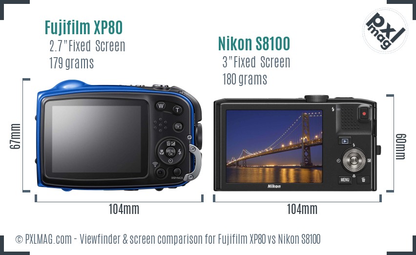 Fujifilm XP80 vs Nikon S8100 Screen and Viewfinder comparison