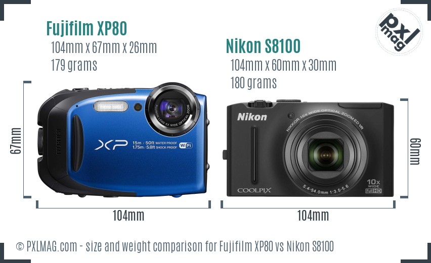 Fujifilm XP80 vs Nikon S8100 size comparison
