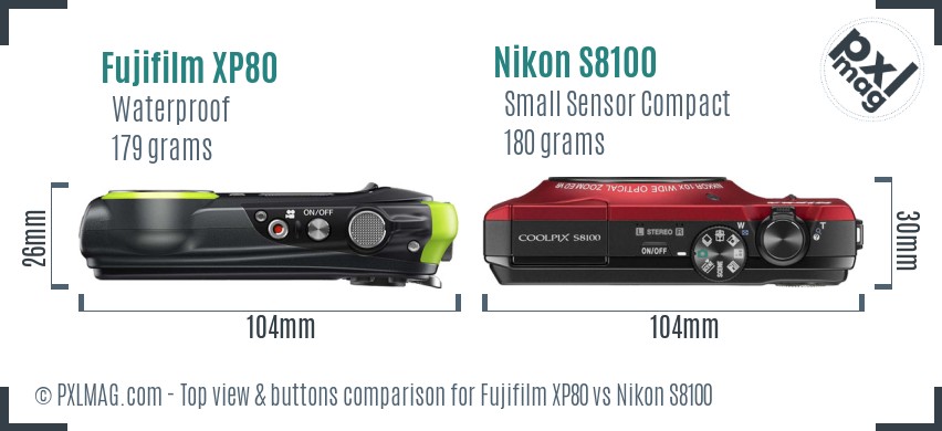 Fujifilm XP80 vs Nikon S8100 top view buttons comparison