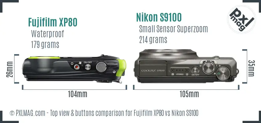 Fujifilm XP80 vs Nikon S9100 top view buttons comparison