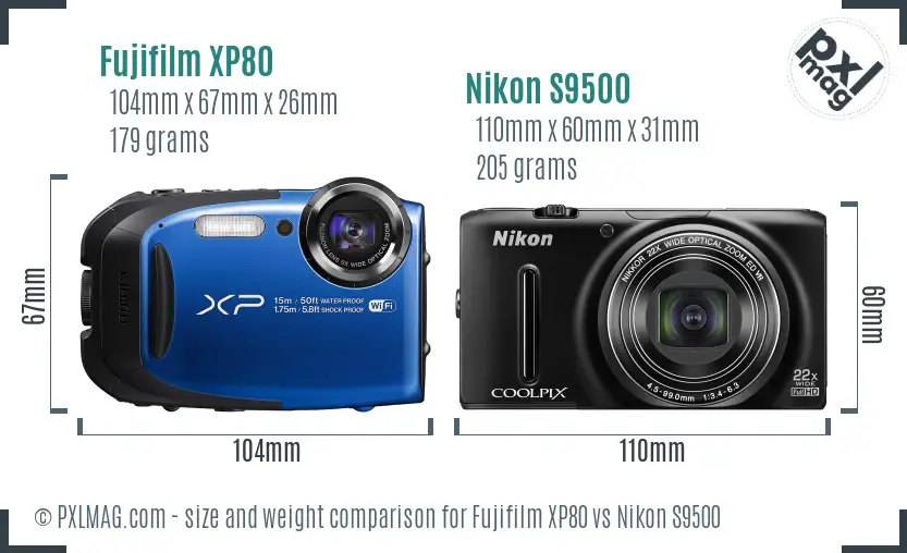 Fujifilm XP80 vs Nikon S9500 size comparison