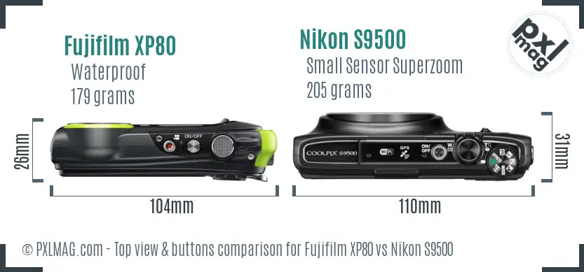 Fujifilm XP80 vs Nikon S9500 top view buttons comparison