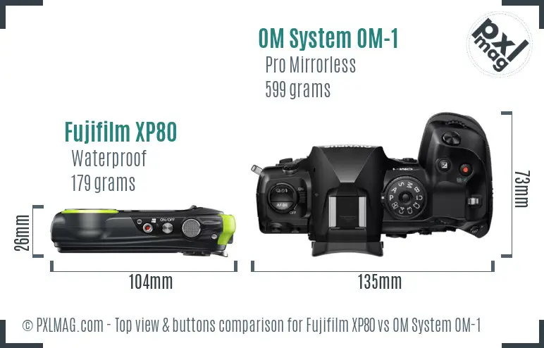 Fujifilm XP80 vs OM System OM-1 top view buttons comparison