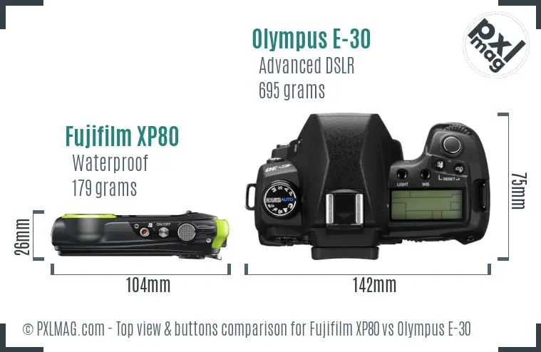 Fujifilm XP80 vs Olympus E-30 top view buttons comparison