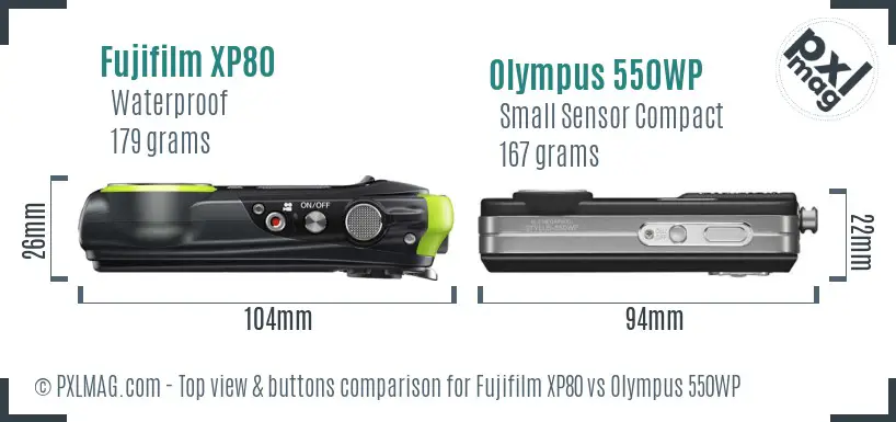 Fujifilm XP80 vs Olympus 550WP top view buttons comparison Fujifilm XP80 vs Olympus 550WP top view buttons comparison