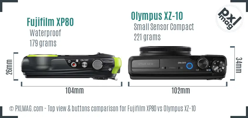 Fujifilm XP80 vs Olympus XZ-10 top view buttons comparison