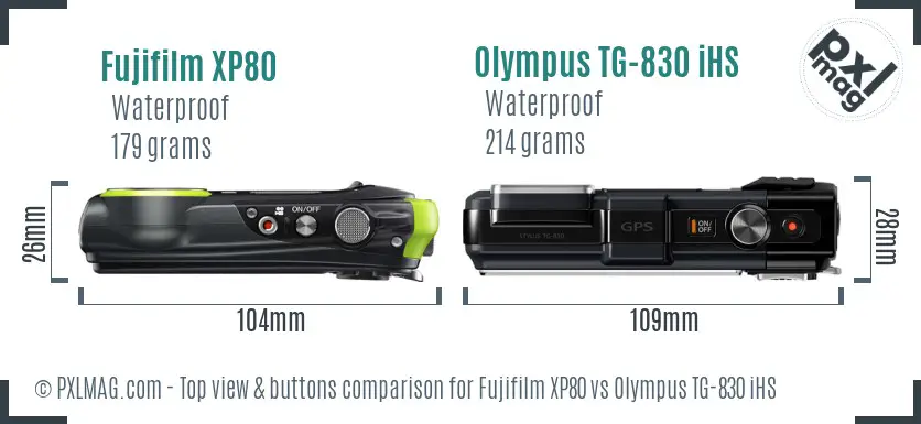 Fujifilm XP80 vs Olympus TG-830 iHS top view buttons comparison Fujifilm XP80 vs Olympus TG-830 iHS top view buttons comparison