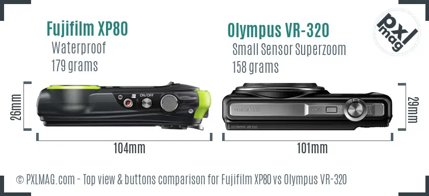 Fujifilm XP80 vs Olympus VR-320 top view buttons comparison Fujifilm XP80 vs Olympus VR-320 top view buttons comparison