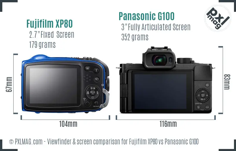 Fujifilm XP80 vs Panasonic G100 Screen and Viewfinder comparison