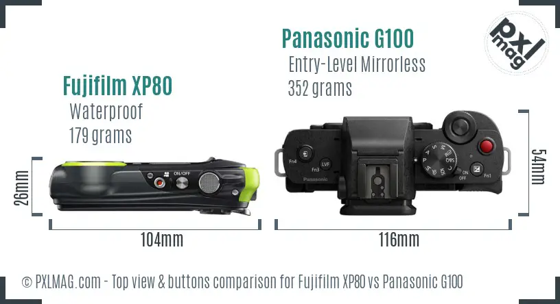 Fujifilm XP80 vs Panasonic G100 top view buttons comparison