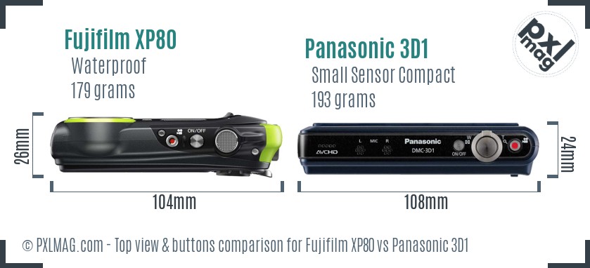 Fujifilm XP80 vs Panasonic 3D1 top view buttons comparison