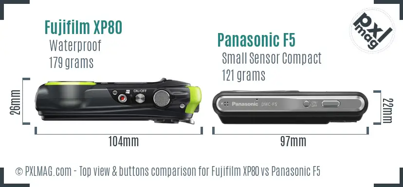 Fujifilm XP80 vs Panasonic F5 top view buttons comparison
