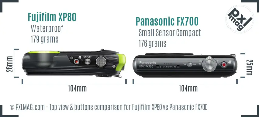 Fujifilm XP80 vs Panasonic FX700 top view buttons comparison Fujifilm XP80 vs Panasonic FX700 top view buttons comparison