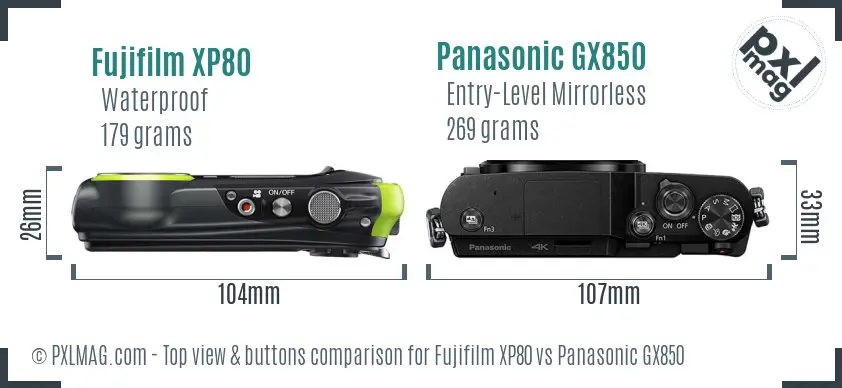 Fujifilm XP80 vs Panasonic GX850 top view buttons comparison