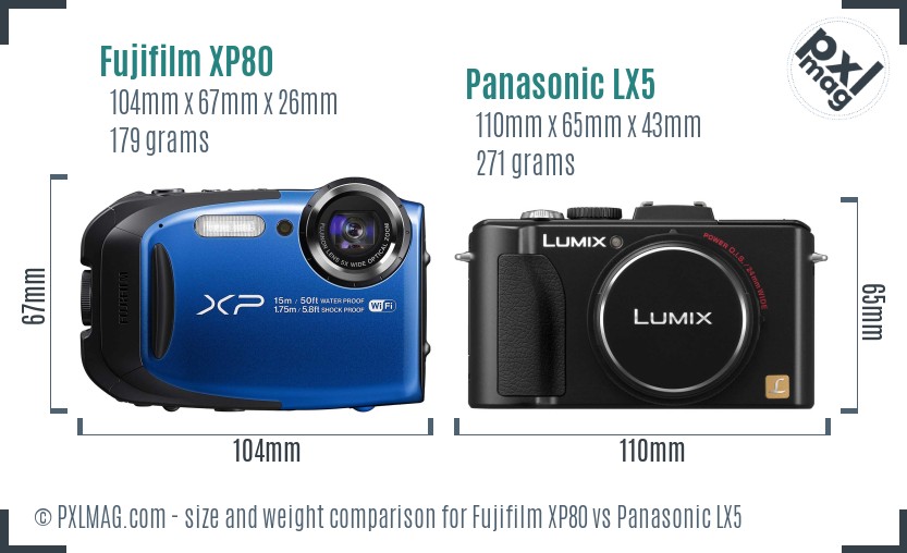 Fujifilm XP80 vs Panasonic LX5 size comparison