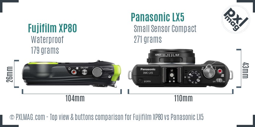 Fujifilm XP80 vs Panasonic LX5 top view buttons comparison