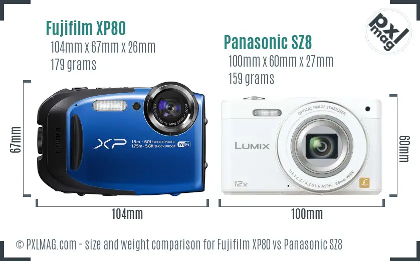 Fujifilm XP80 vs Panasonic SZ8 size comparison