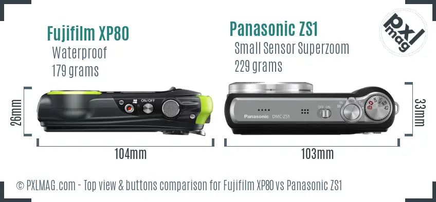 Fujifilm XP80 vs Panasonic ZS1 top view buttons comparison