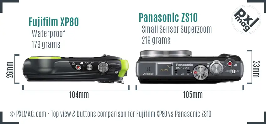 Fujifilm XP80 vs Panasonic ZS10 top view buttons comparison